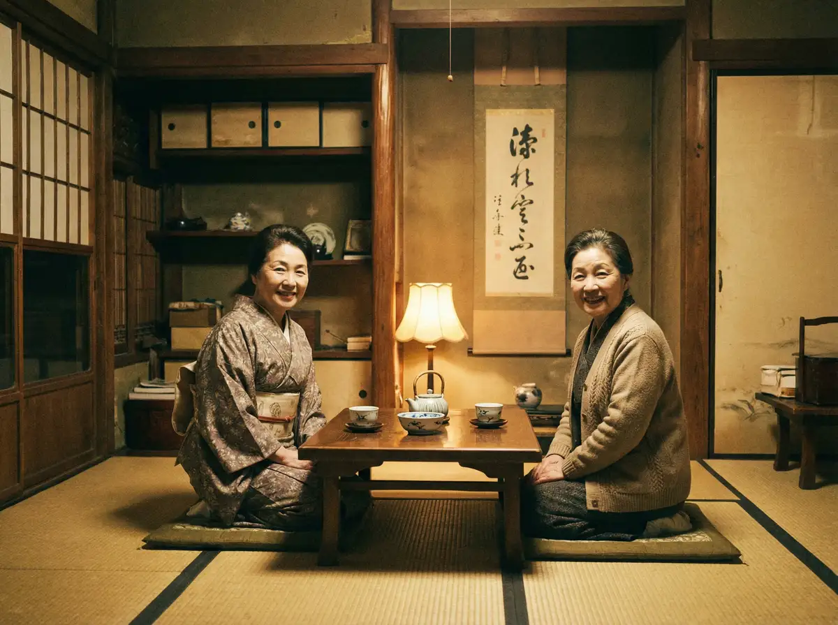 两位优雅的 涩情 在日式茶室中品茶交谈